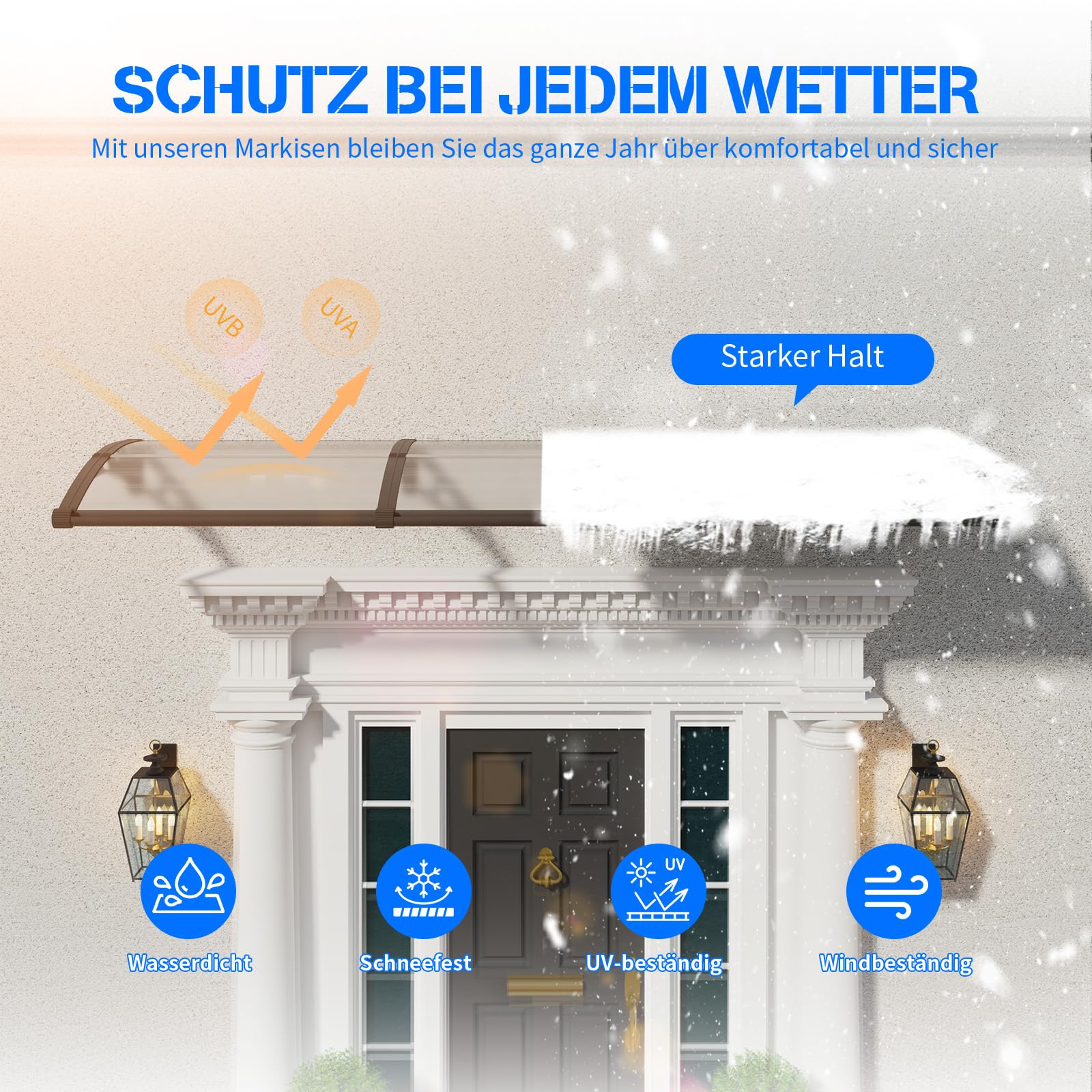 Vordach für Haustür, 200x100cm Fenstervordach mit separater Entwässerung, Polycarbonat Pultvordach Überdachung für UV-, Regen- und Schneeschutz – Ideal für Veranda