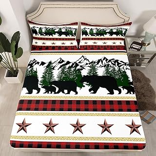Erosebridal Farmhouse Decor,Rustic Bear Sheets Queen Size,Red and Black Checkered Buffalo Plaid FittedÂ Sheet for Kids Teens Adult,Woodland Wildlife BedÂ Sheets Western Texas Star Patchwork Bed Set