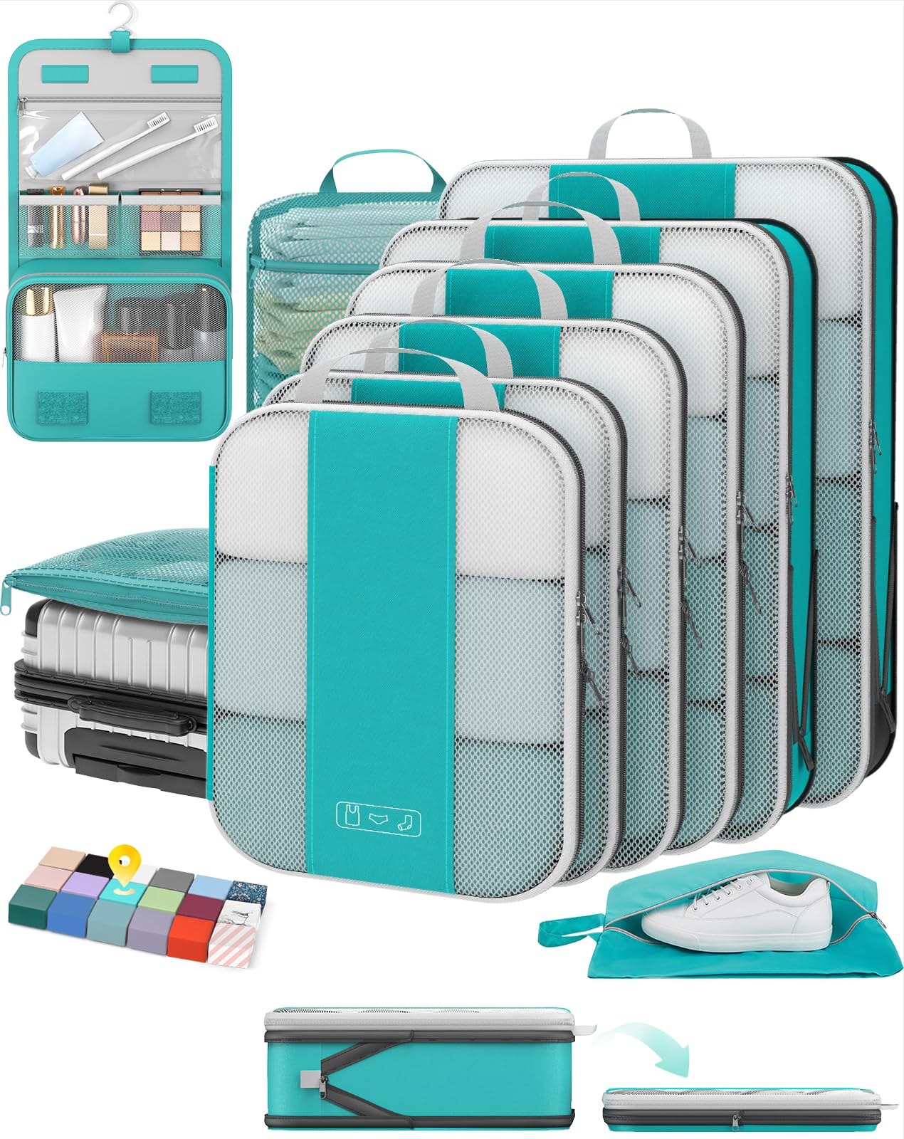 10 set compression packing cubes for travel essentials,compressible expandable packing cubes for suitcase,olarhike luggage organizer bags for travel,handy helper for organizing clothes(blue green)