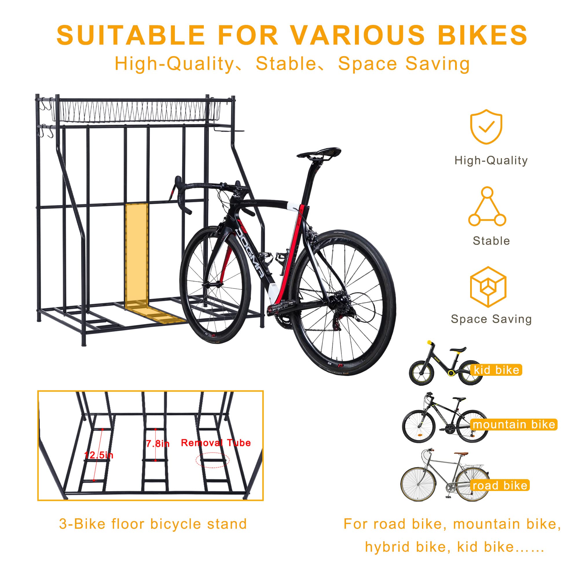 DHMAKER Bike Rack Stand with Storage, 3 Bicycle Floor Parking Stand with Basket & Bat Rack, Bike Rack for Garage Storage, Hybrid, Kids Bikes, Indoor Outdoor Bike and Sports, Black