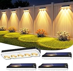 Wonkelly Solar Fence Lights Outdoor, 4 Pack Solar Lights Outdoor Garden Warm White/Cool White& RGB 8 Colors, 5 Lens 40 Lighting Modes, IP65 Waterproof, Outside Wall Light for Garage, Yard, Pathway