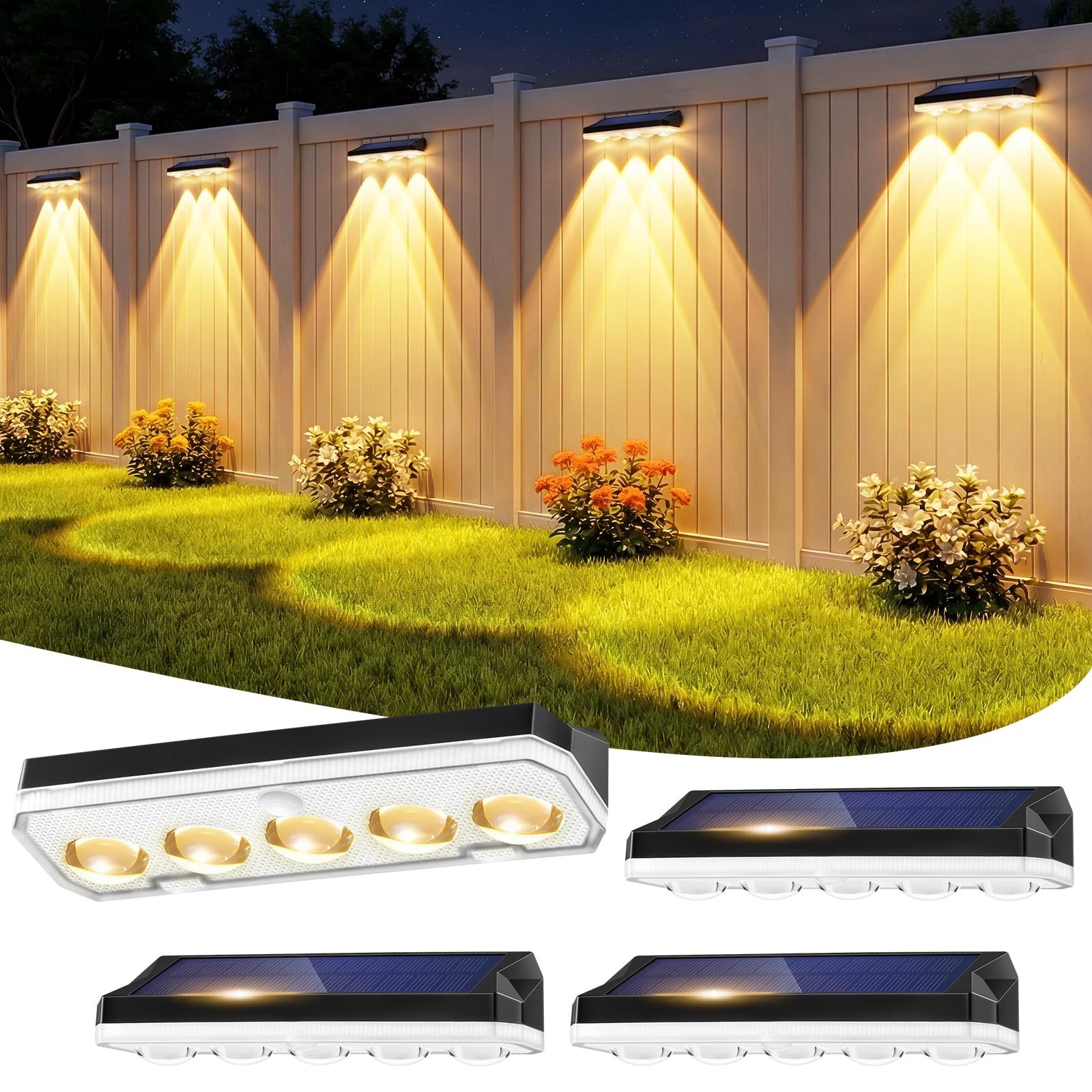 Solar Fence Lights Outdoor, 4 Pack Solar Lights Outdoor Garden Warm White/Cool White& RGB 8 Colors, 5 Lens 40 Lighting Modes, IP65 Waterproof, Outside Wall Light for Garage, Yard, Pathway