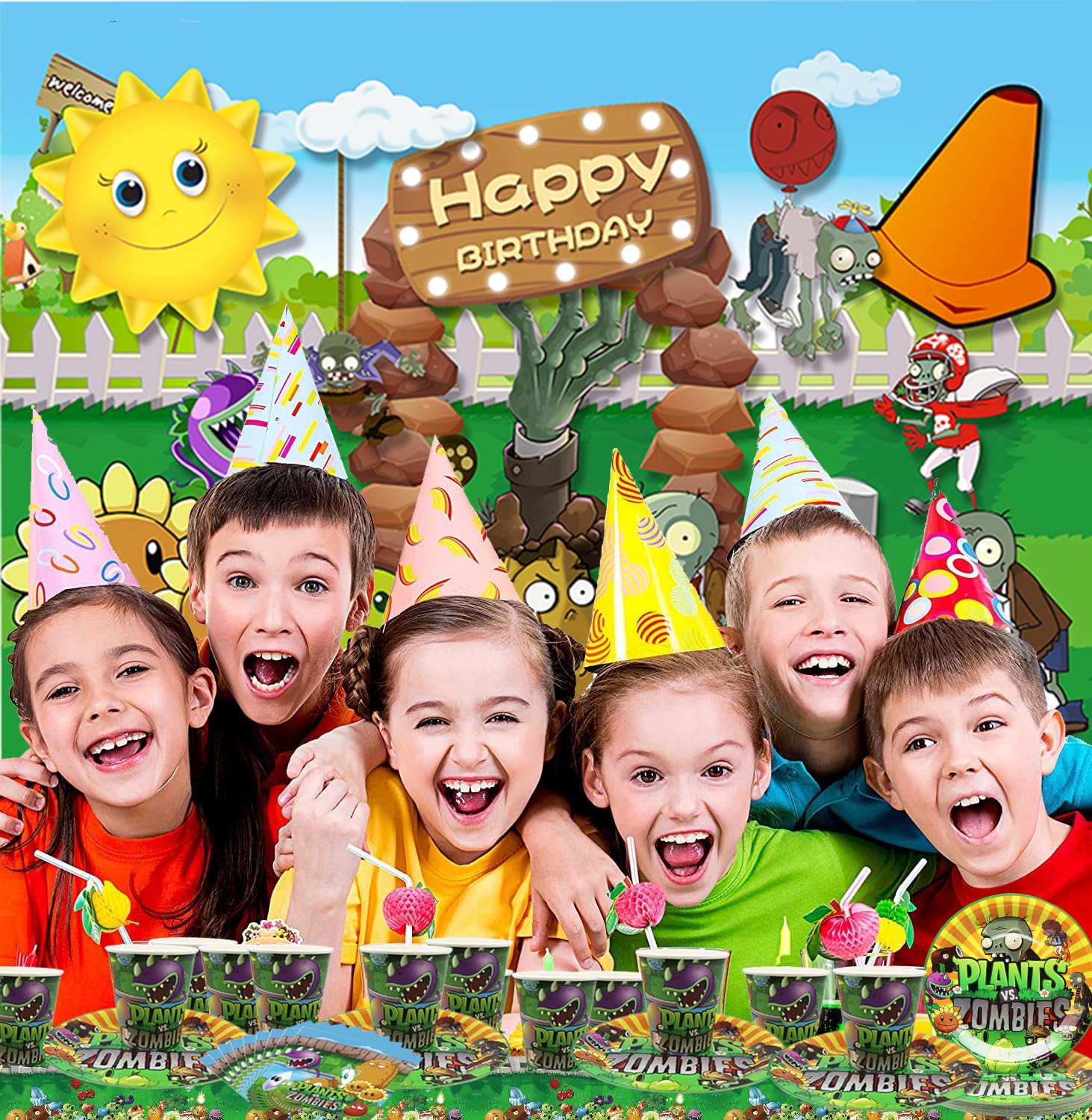 Greenery Game - Set di 61 stoviglie per feste di compleanno per bambini, piatti, tazze, tovaglioli, tovaglioli