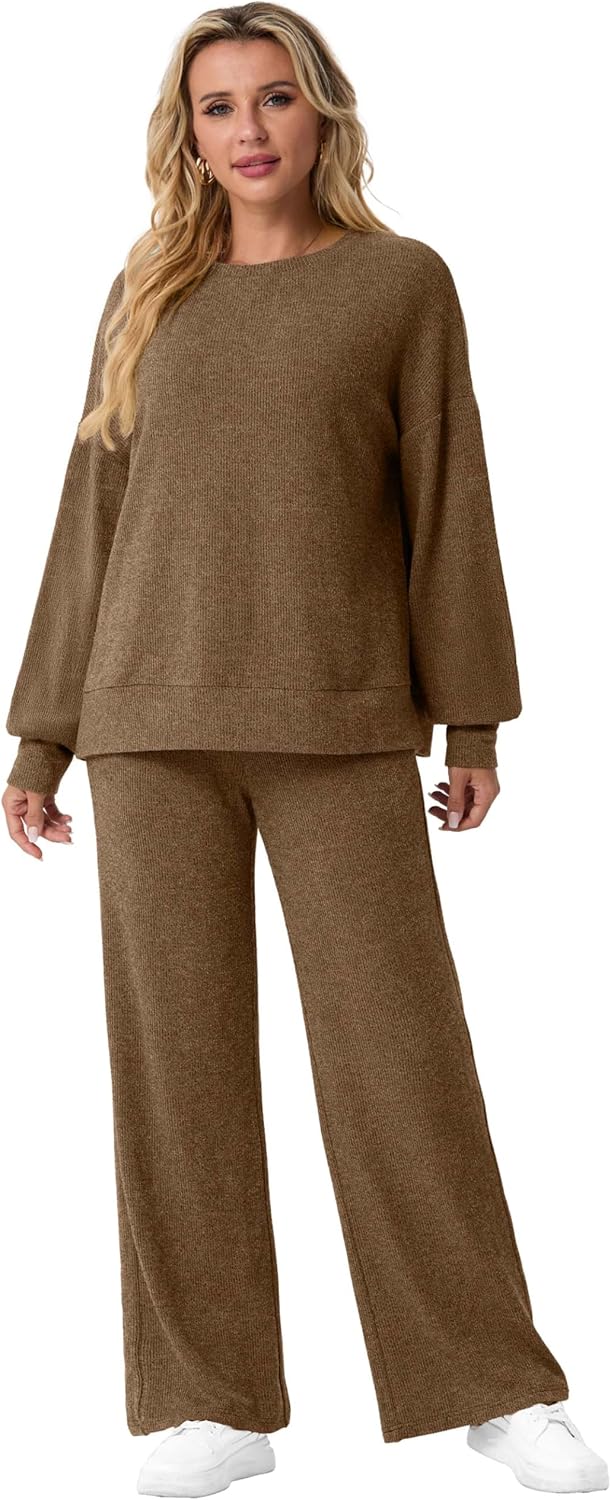 GRECERELLE Women's 2 Piece Outfits Winter 2025 Oversized Chunky Knit Sweater Top And Wide Leg Pants Lounge Set Sweatsuit - Image 6