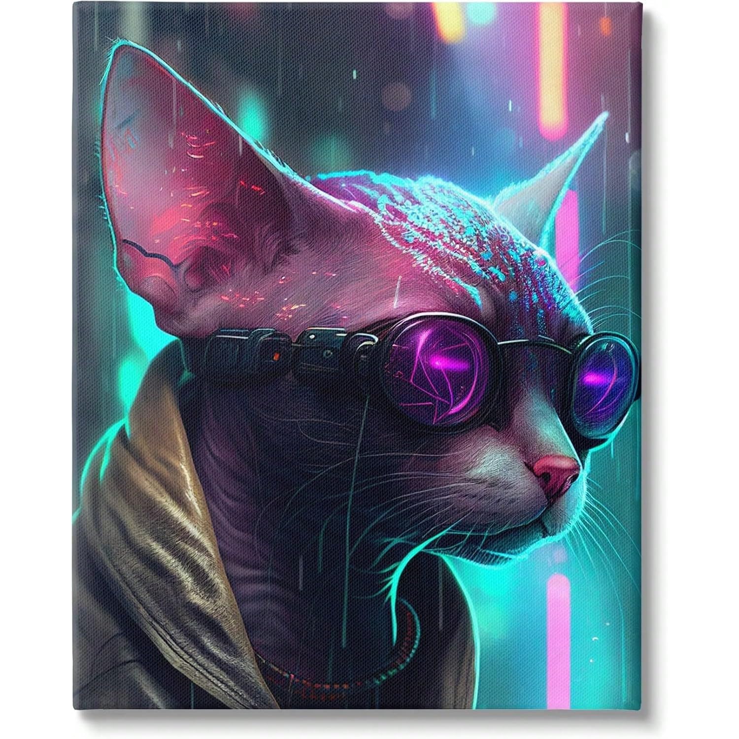 AIHNBF Tableau Cyberpunk Chat Sphynx Portrait Néon Art Mural Impression sur Toile Décoration Murale Sci-Fi Moderne pour Salle de Gaming Chambre Bureau Déco Style Futuriste 50x75cm