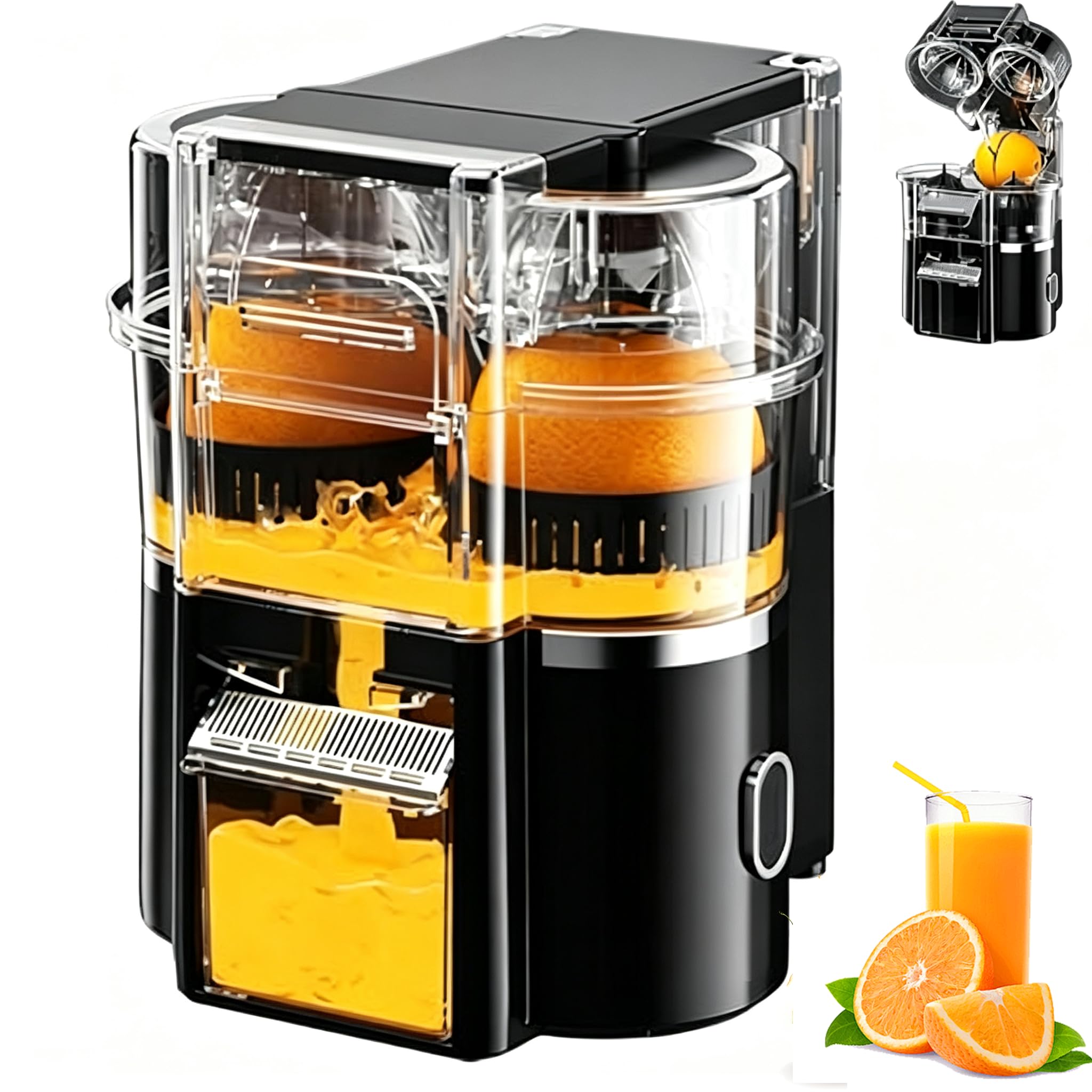 Exprimidor Eléctrico De Cítricos De Doble Cabezal (60 W, 600 Ml) Con 2 Baterías De 2000 Mah, Cortador Integrado, Funcionamiento Con Un Solo Toque Y Fácil Limpieza; Apto Para Naranjas, Limones Y black