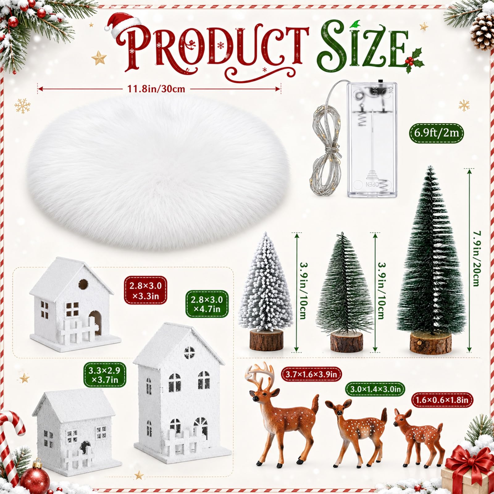 Thenshop Ensemble de village de Noël 11 pièces avec mini maisons, figurines de cerfs, arbres en sisal, couverture de neige et guirlandes lumineuses à DEL, décoration d'intérieur pour table de Noël