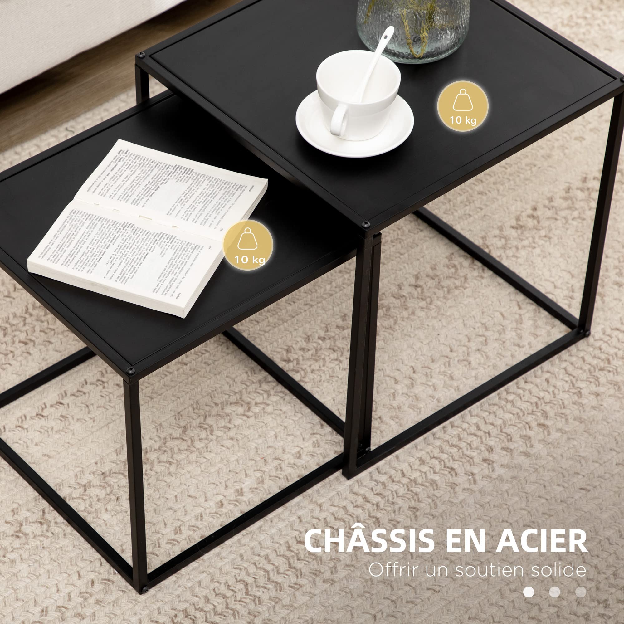 HOMCOM Lot de 2 Tables Basses gigognes, Lot de 2 Tables gigognes de Salon, modulables, en Acier, Style Industriel, Noir Mat