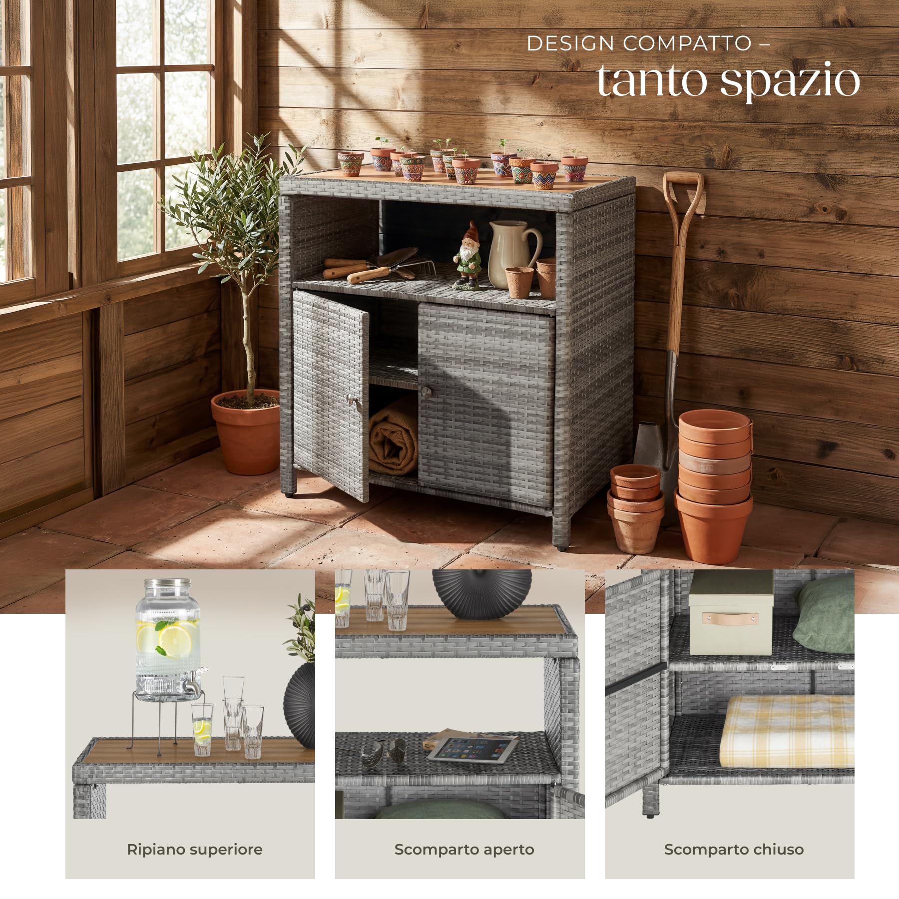 tectake® Armadietto da Giardino in Rattan e WPC, 90 x 55,5 x 87 cm, Mobile da Esterno, 2 Ante, Vano Aperto, Resistente alle Intemperie, Piedini Regolabili, Ideale Arredo Giardino e Terrazzo - Grigio