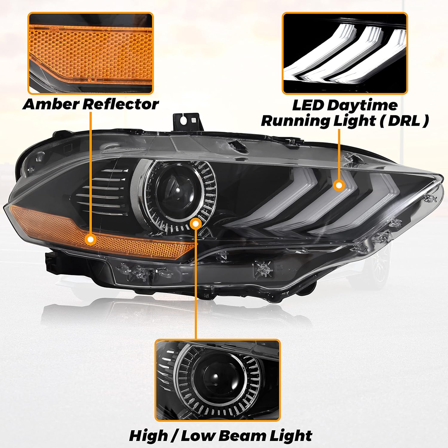 KEWISAUTO Headlight Assembly for Mustang 2018-2023, OEM Style Head Light w/DRL High Low Beam Reflector Replacement for Ford Mustang 2018-2023 (2PCS)