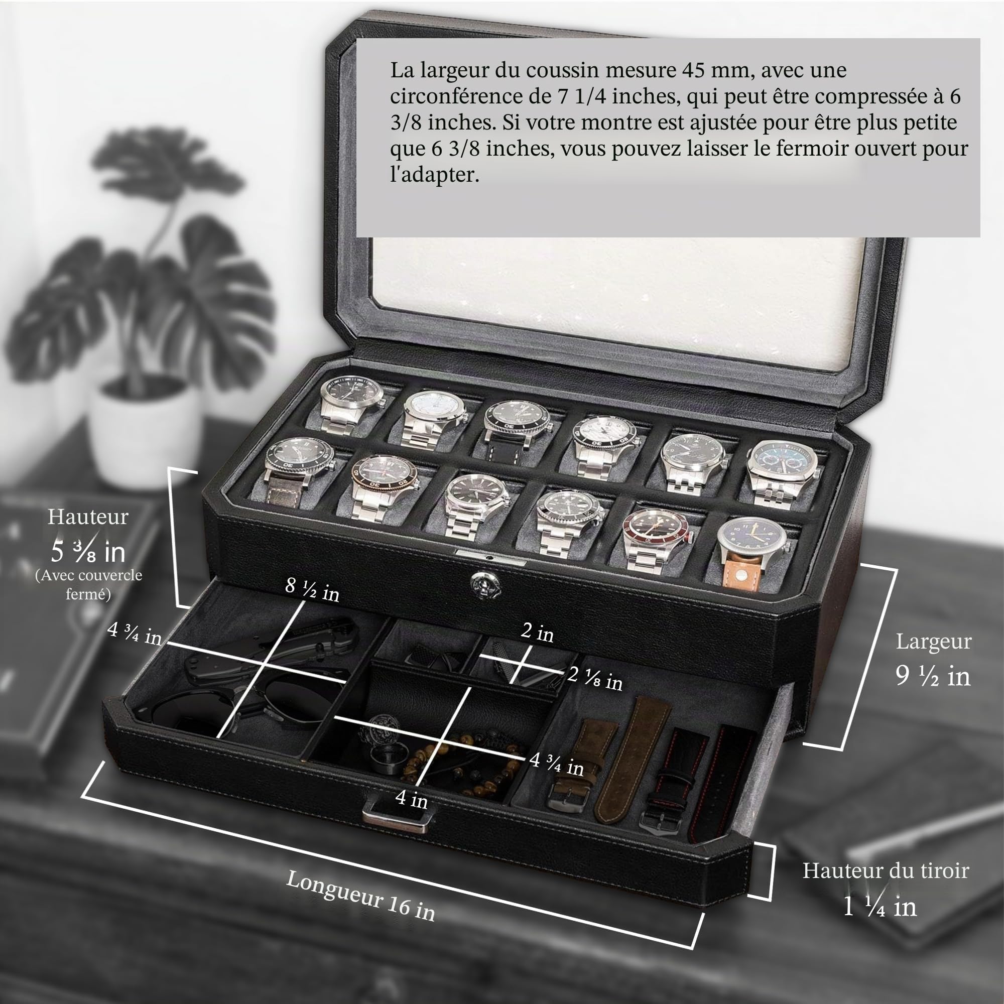 ROTHWELL 12 Fente en Cuir Coffret Avec Valet Tiroir - Montre de Luxe Case Organisateur Affichage, Microsuède Liner, Boîtes de Rangement Porte-hommes Grand Verre Top Ecrins Pour Montres (Noir/Gris)