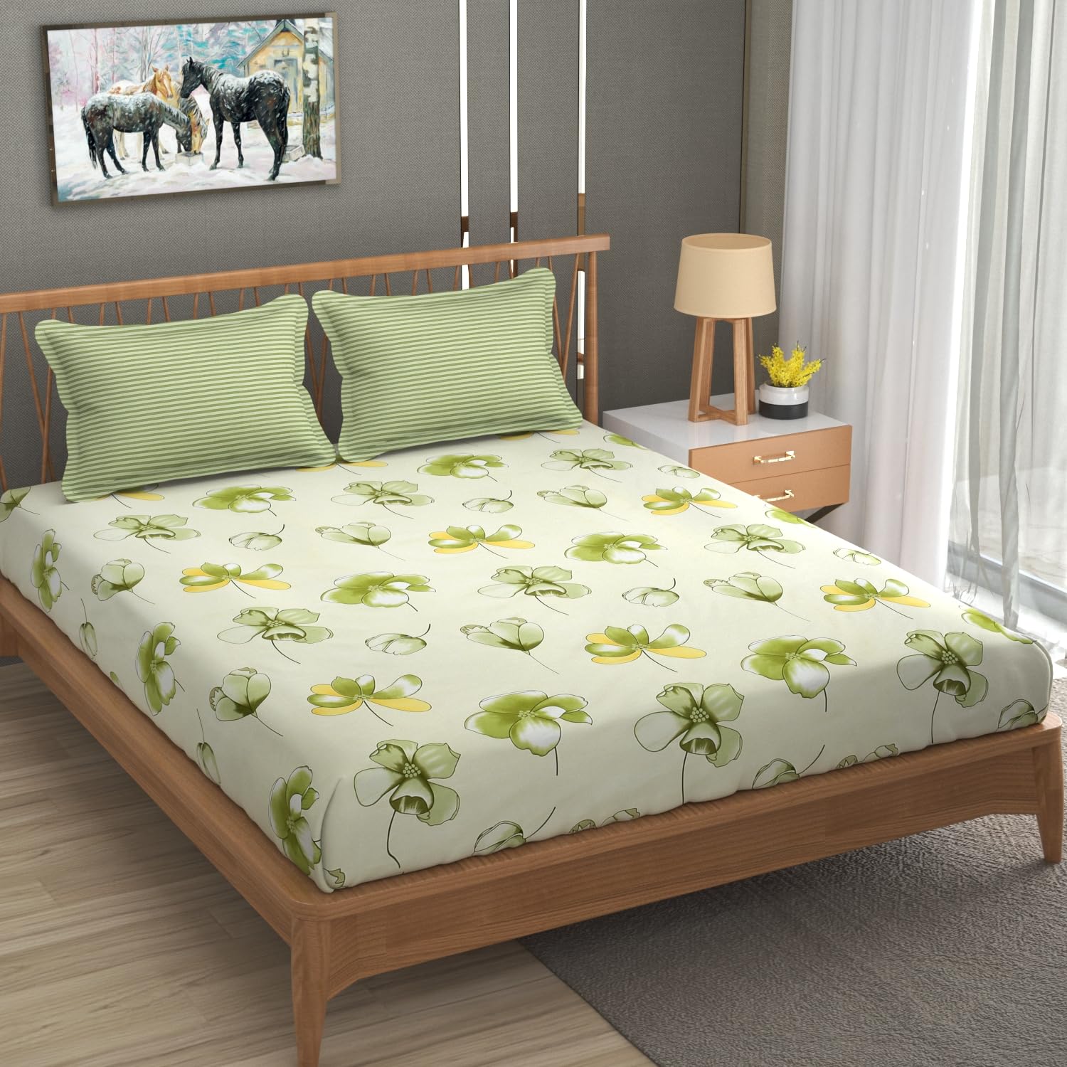 NHD HOME Pure Cotton All Round Elastic Fitted Bedsheets for Double Bed with 2 King Size Pillow Covers 220 TC Supersoft |Wrinkel Free Bed Cover Size - 72x78+10 inches, Pista Green-picture-43