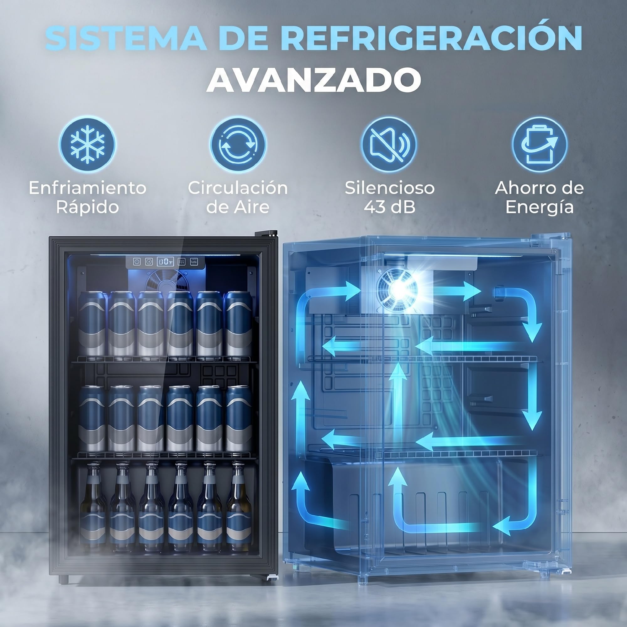 HOMCOM Frigorífico de Bebidas 70 L, Mini Nevera con Puerta de Vidrio Doble, Iluminación LED, 2 Estantes Ajustables, 2-18℃, para 70 Latas, Nevera Pequeña para Refrescos, Cerveza y Vino