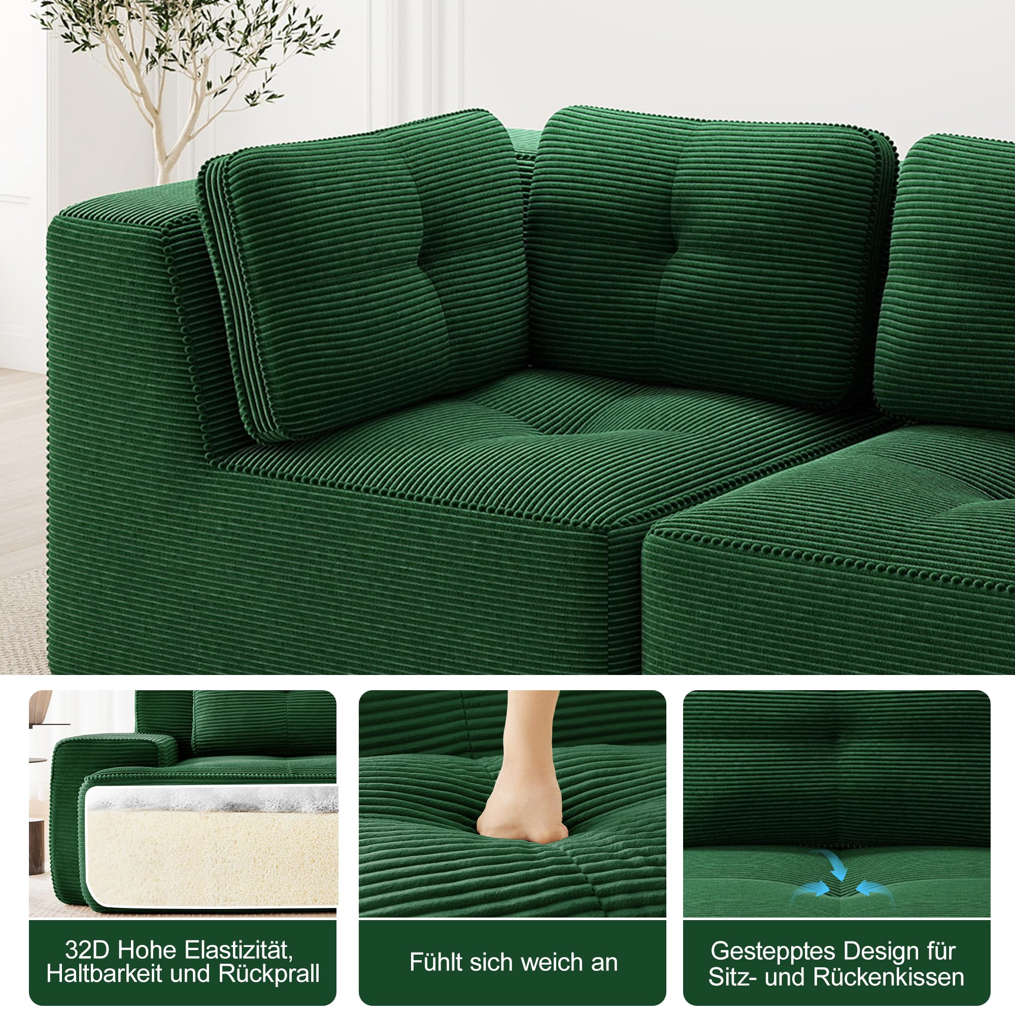 Modulares und konfigurierbares Ecksofa, zweisitziges, rahmenloses L-förmiges Sofa mit beweglicher Fußstütze, bequemer Cordstoff, geeignet für Wohn- und Schlafzimmer,Grün