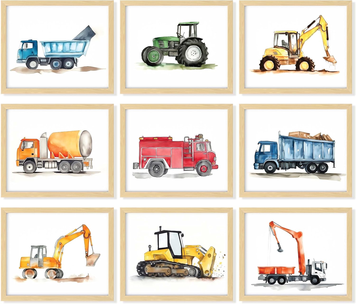 97 Decor Kids Wall Art FRAMED Posters - Construction Room Decor For Boys Bedroom, Truck Posters For Boys Room, Nursery Framed Art Prints, Tractor Pictures Little Boy Toddler Room Decorations (BEIGE FRAME)