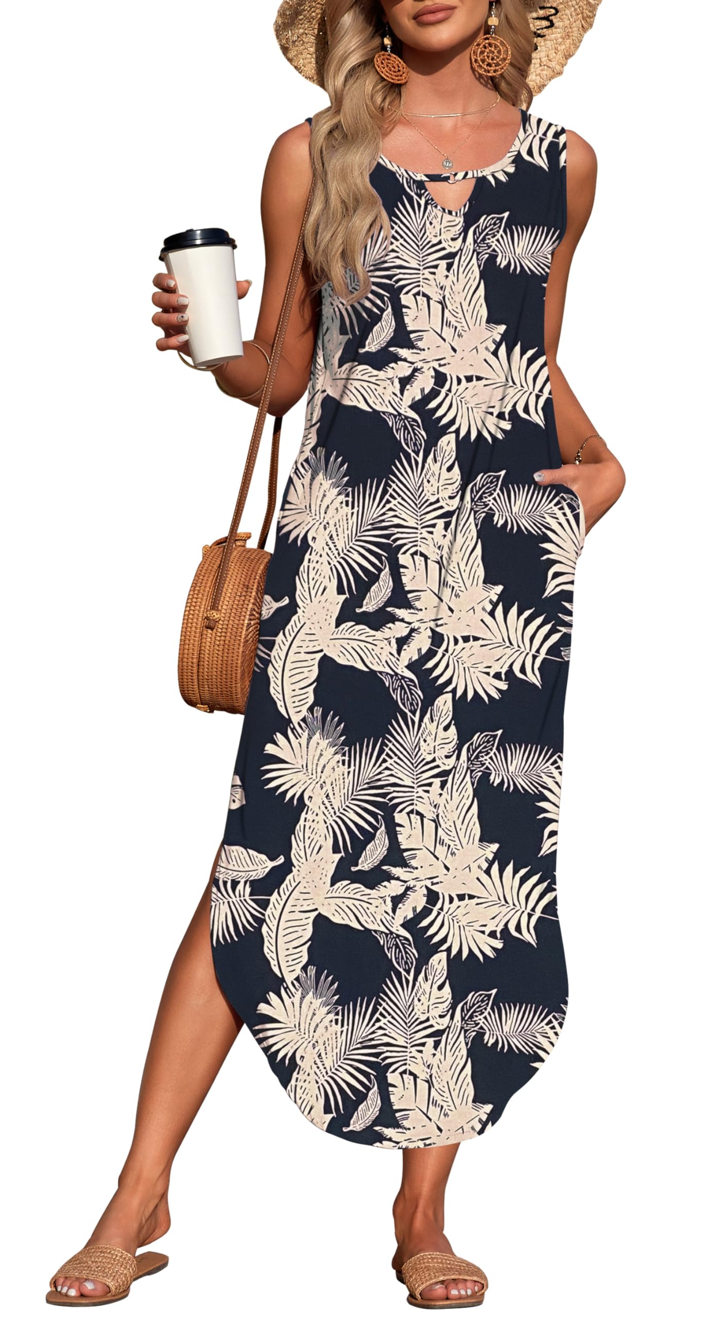 MISFAY Women's Summer Maxi Dress Sleeveless Casual Loose Long Beach Split Dresses with Pockets