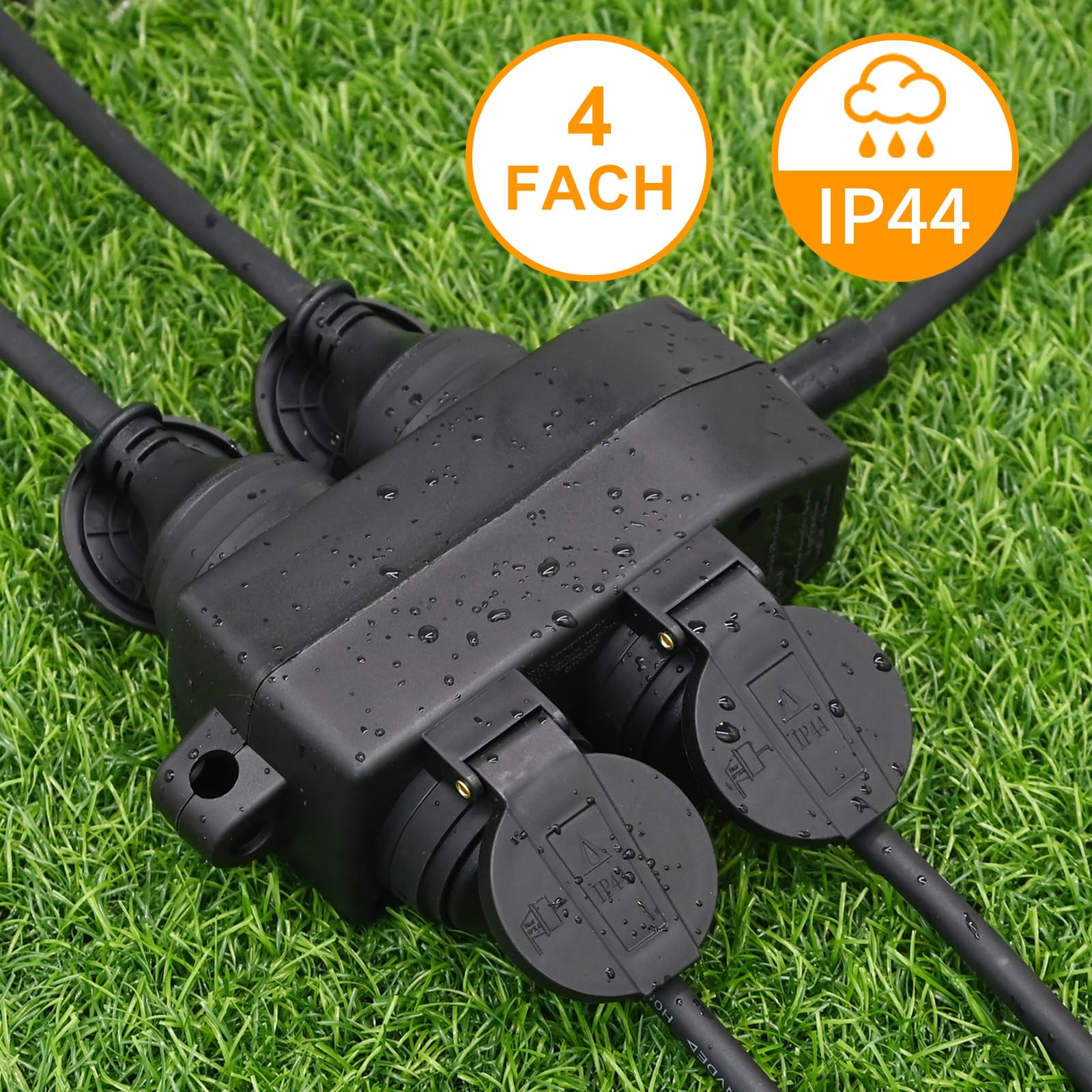 4-Fach Verteilersteckdose für Außenbereich, Outdoor Stromverteiler - 4 Schutzkontakt-Steckdosen mit Klappdeckel, Steckdosenverteiler IP44, Außensteckdose -10m Gummi Verlängerungskabel - Öse zum Hängen