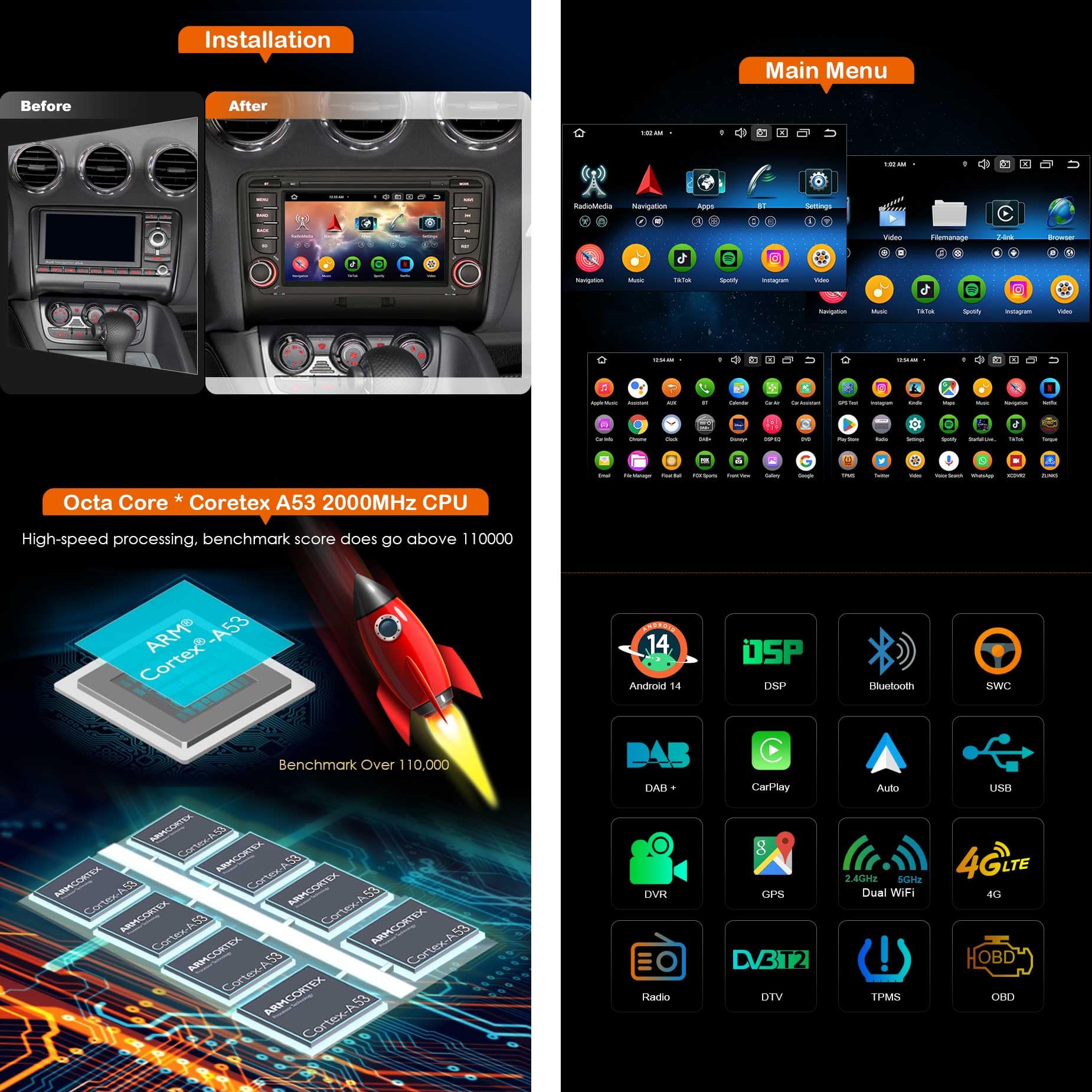 Autoradio Android 14 Pour Audi TT MK2 8J (2006-2014) - Écran 7" IPS, Qualcomm 8-Core, 8Go RAM, 128Go ROM, CarPlay/Android Auto, GPS, 4G, DAB+ - 7