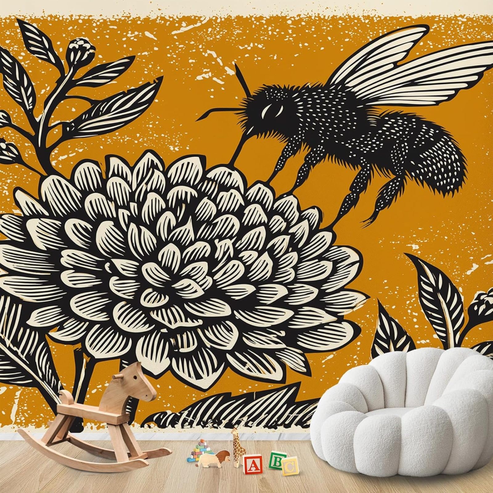 pdghsdkgjh Photo Wallpaper Flowers Bee Retro Mustard Yellow Modern Living Room Bedroom Children's Room Wall Decoration Motif Wallpaper,400cmx280cm Stickers - Frameless Painting - Poster