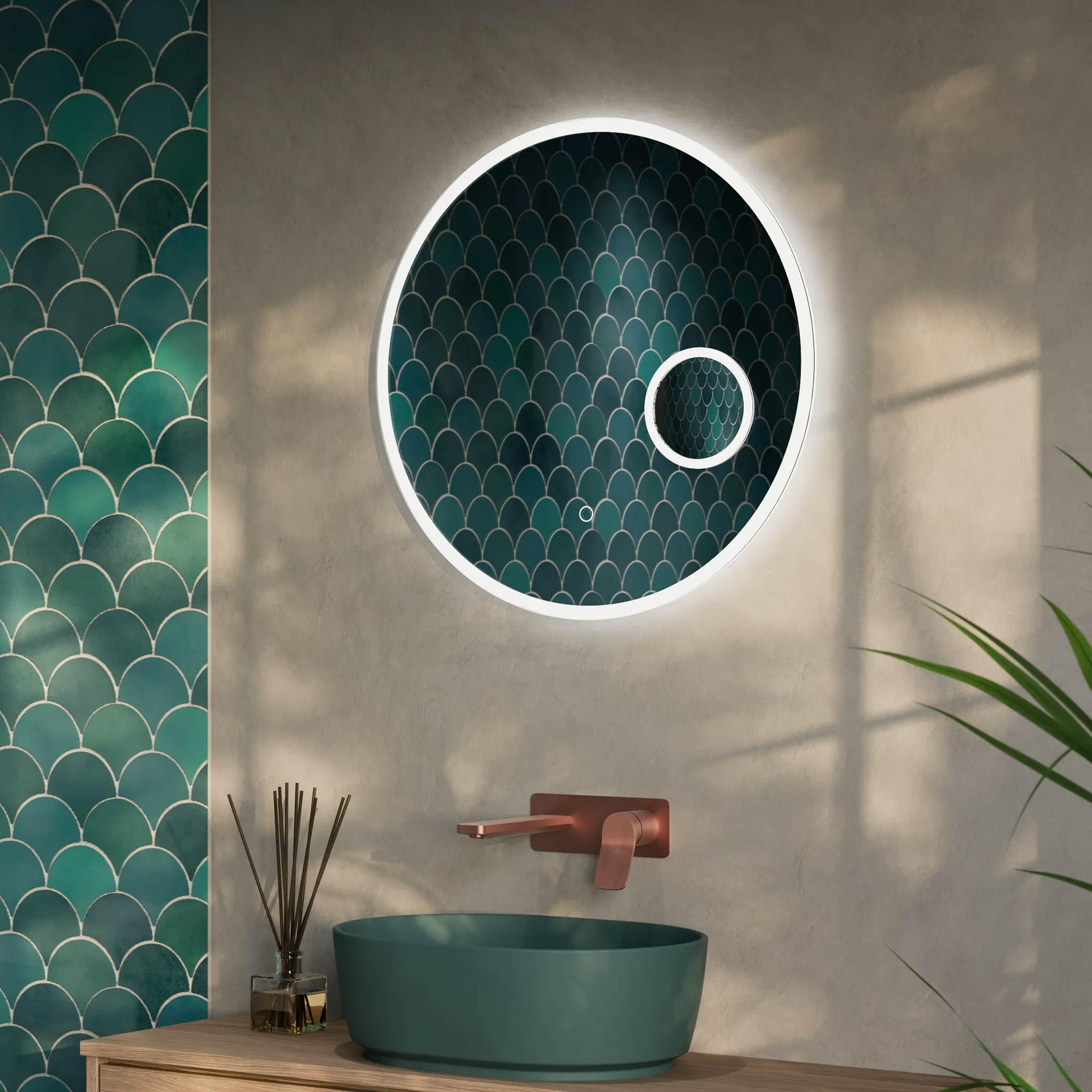 Pebble Grey Illuminated Bathroom Mirror with Magnifier 600x600mm IP44 Rated - Stockholm LED Bathroom Mirrors with LED Lights, Heated Demisted Pad, & Touch Sensor Switch, Round Digital Mirror