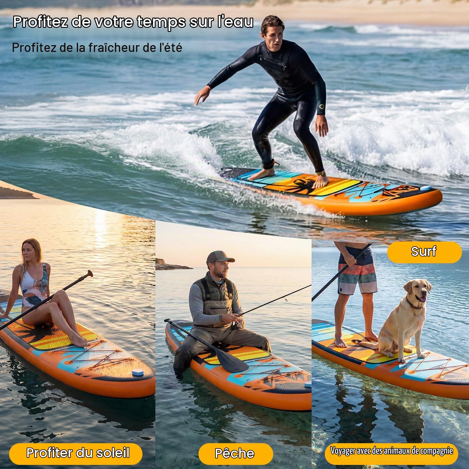 Planche de Paddle Gonflable Adulte, 320 * 81 * 15cm Planche de Stand Up avec Pompe et Accessoires Complets, 3 Ailerons, Sup Stable pour Randonnée et Surf, Jusqu'à 135kg
