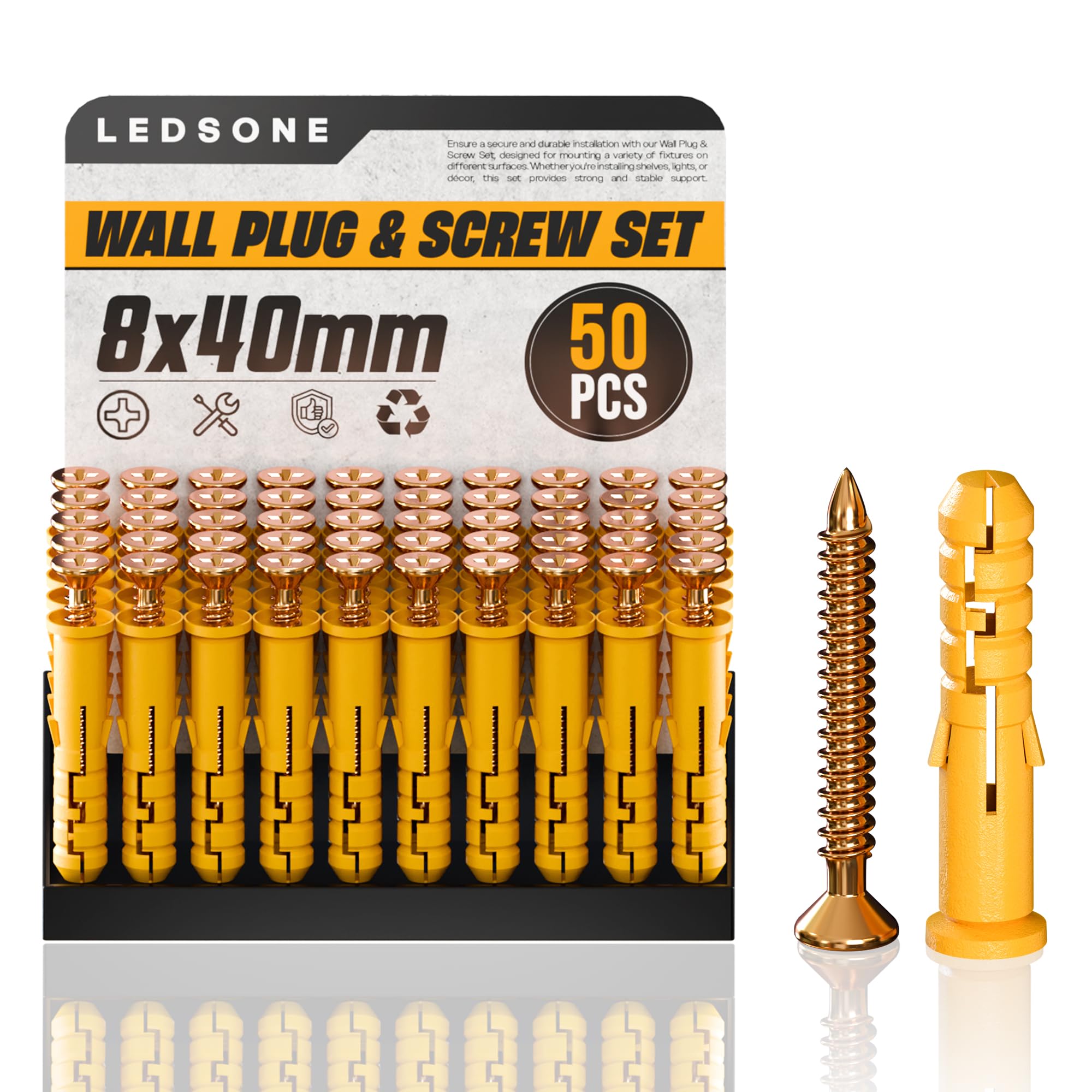 LEDSone Screws and Wall Plugs Set 50 pcs of pack 8 x 40 mm Masonry Brick Concrete Fixings Plugs Assortment Kit Plugs and Screws in Compartment Box Zinc Galvanized 3 Different Size — image 1