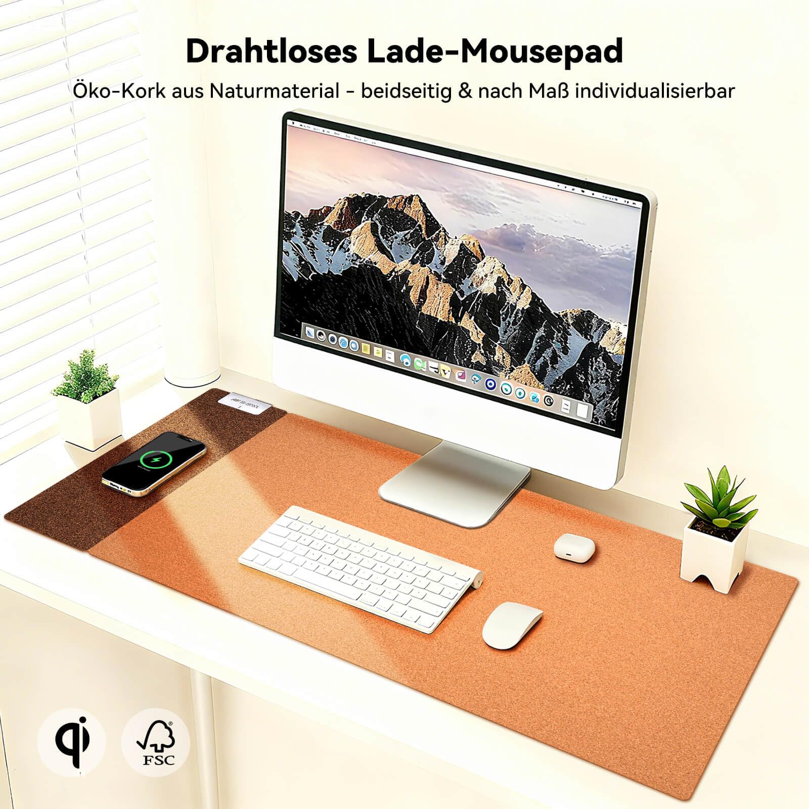 3-in-1 Kork-Unterlage mit Qi-Schnelladung, wasserfester & beidseitiger Oberfläche. Ideal für Büro, Homeoffice und als Schminktisch-Schutz. Kompatibel mit iPhone, Samsung, AirPods