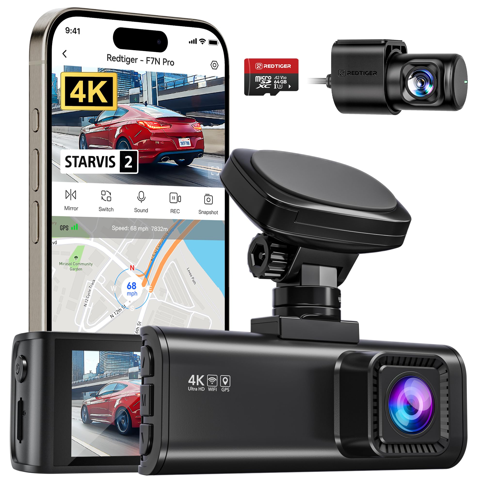 REDTIGER 4K Dash CAM Coche, Sensor STARVIS 2 con Tarjeta de 64GB, 4K/2.5K+1080P Dashcam Dual con WiFi Integrado, GPS, 3.18" IPS, Gran Angular de 170°, Vigilancia de Aparcamiento 24/7