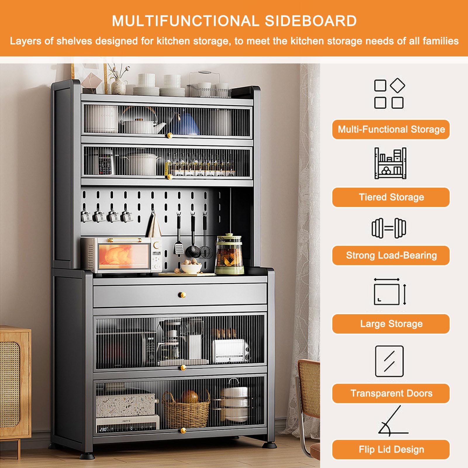 Armadietto moderno alto con supporto per microonde e cassetto, autoportante, con porte per cavi e ganci, elegante organizer per cucina e sala da pranzo, nero, 80 x 172 cm