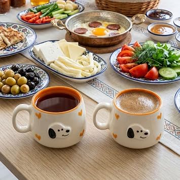 2'li El Yapımı Seramik Kupa Seti, Kedi Desenli Kalp Motifli Stoneware Mug, 200 ml, Kırmızı İçli Doğal Seramik, Çay Kahve Bardağı, Kedi Severlere Hediye (Turuncu)