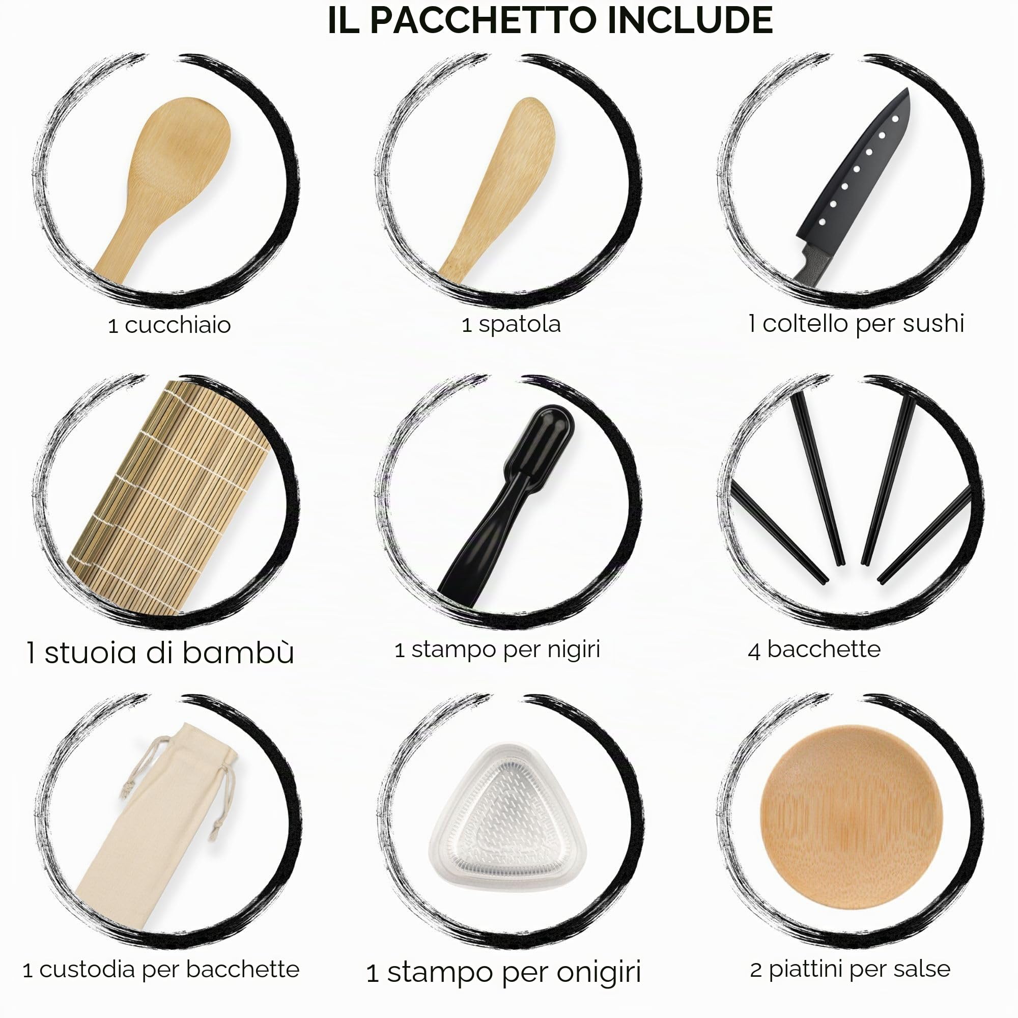 Set sushi completo. Kit sushi fai da te professionale da 17 pezzi. Kit per sushi composto da tappetino di bambù professionale, coltello, stampi di nigiri e onigiri, bacchette, cucchiaio... (Maker B)