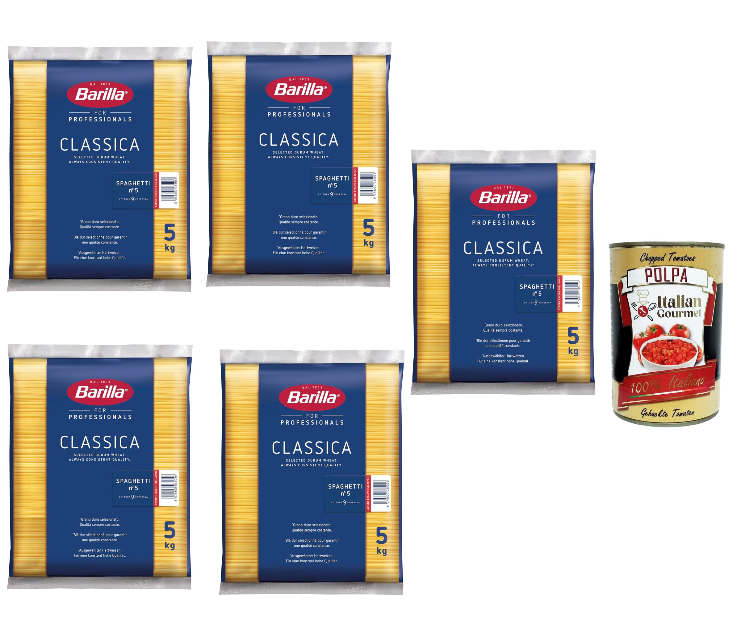 Italian Gourmet Bundle 5x 5kg + Italian Gourmet Polpa Gratis – Italienische Premium Spaghetti N°5 aus Hartweizengrieß – Profi Pasta Großpackung für Gastronomie, Restaurant, Catering & Familien