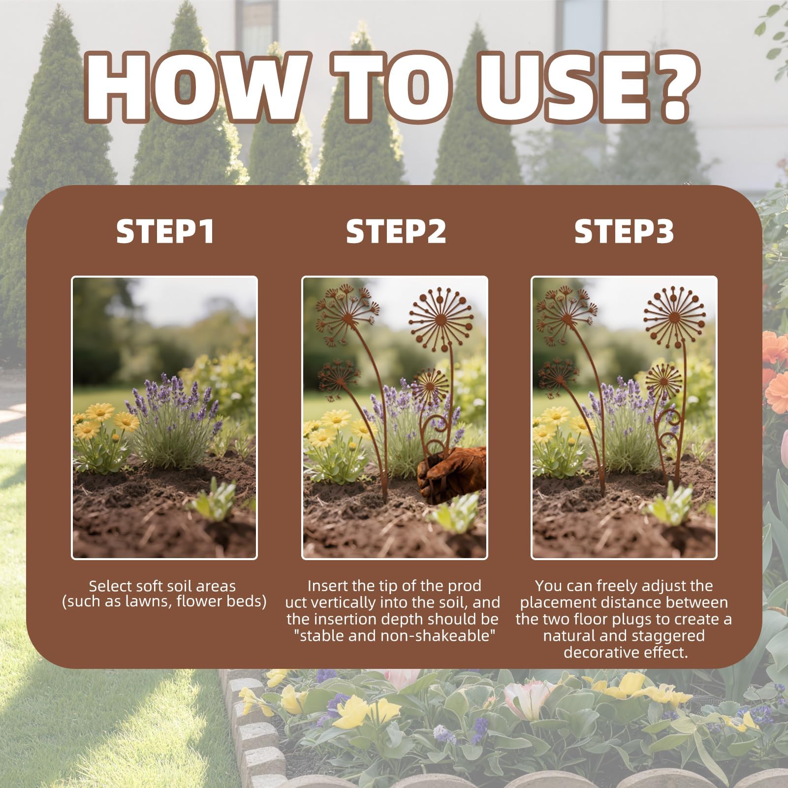 Crunier Rost Gartenstecker Metall Set, Gartenstecker Pusteblume Deko, Frühlings Blumenstecker, Gartendeko Für Draußen Wetterfest zur Dekoration von Gärten, Terrassen, Höfen, Parks, Ästen - 5