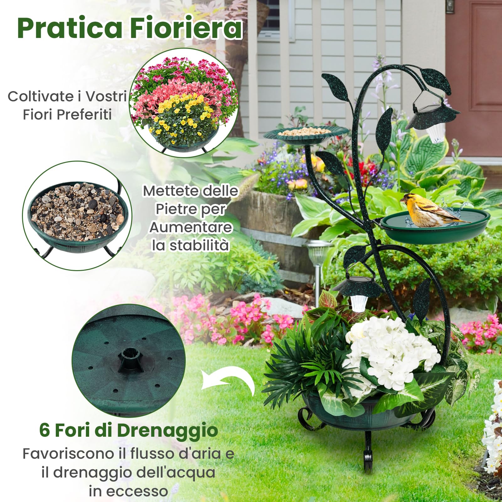 COSTWAY Mangiatoia per Uccelli da Giardino 83CM, Vasca per Uccelli da Esterno Alimentata a Energia Solare con Piedistallo per Fiori e 2 Luci LED, per Giardino, Cortile e Prato, Bronzo