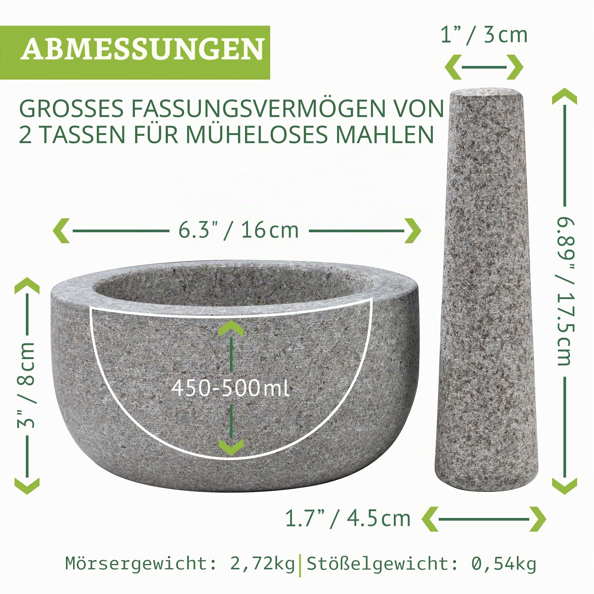 Mörser – Mörser mit Stößel – Mörser mit Stößel Granit – Hochwertiger Granit Mörser - Keine Abreibung - Ø 16 cm mit 500 ml Volumen - Mortar and Pestle