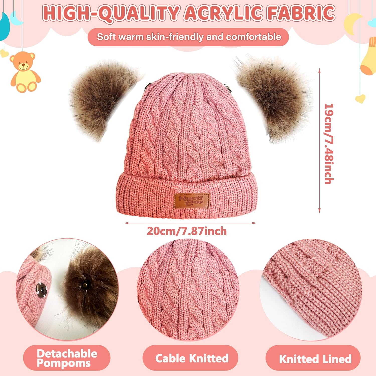 Toddler Kids Winter Hat Gloves Scarf Set, Warm Knit Boys Girls Hats Pompoms Beanie Caps Neck Warmer with Fleece Lined Gifts - Image 2