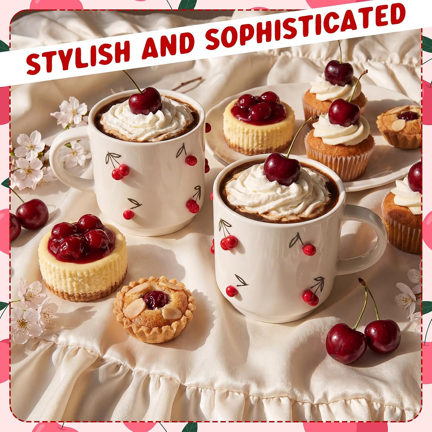 LemonRoad 2 Pcs Cherry Ceramic Coffee Mugs Handmade Pottery Coffee Cup 12 oz Stackable Cute Summer Mugs with Handle for Spring Summer Party Supplies Women Gifts