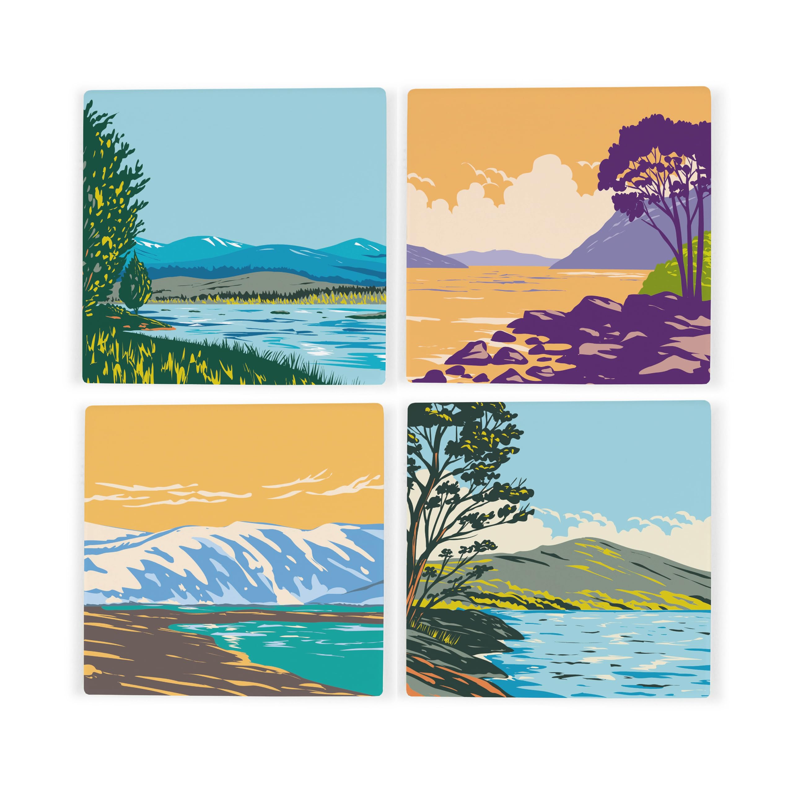 Purely Home Scottish Lochs Ceramic Coaster Set - Uk Scottish Landmarks/Landscapes Square Set Of Four (4) Coasters Gift