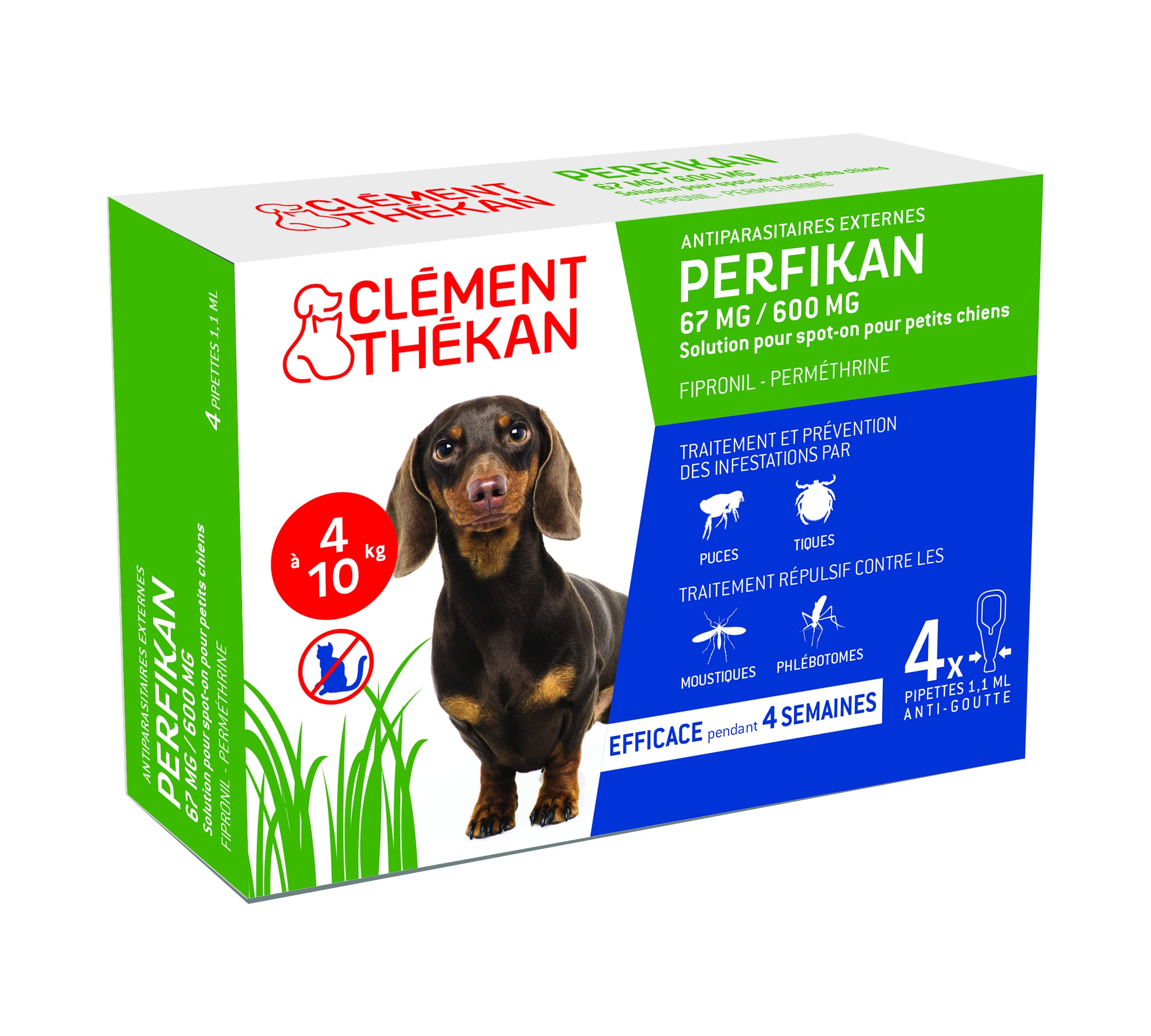 Perfikan Petits Chiens Clément Thékan (4–10 kg) – 67 mg/600 mg – Anti-Puces, Anti-Tiques, Anti-Moustiques et Anti-Phlébotomes – Protège jusqu’à 4 semaines – Fabriqué en France – 4 pipettes Spot On
