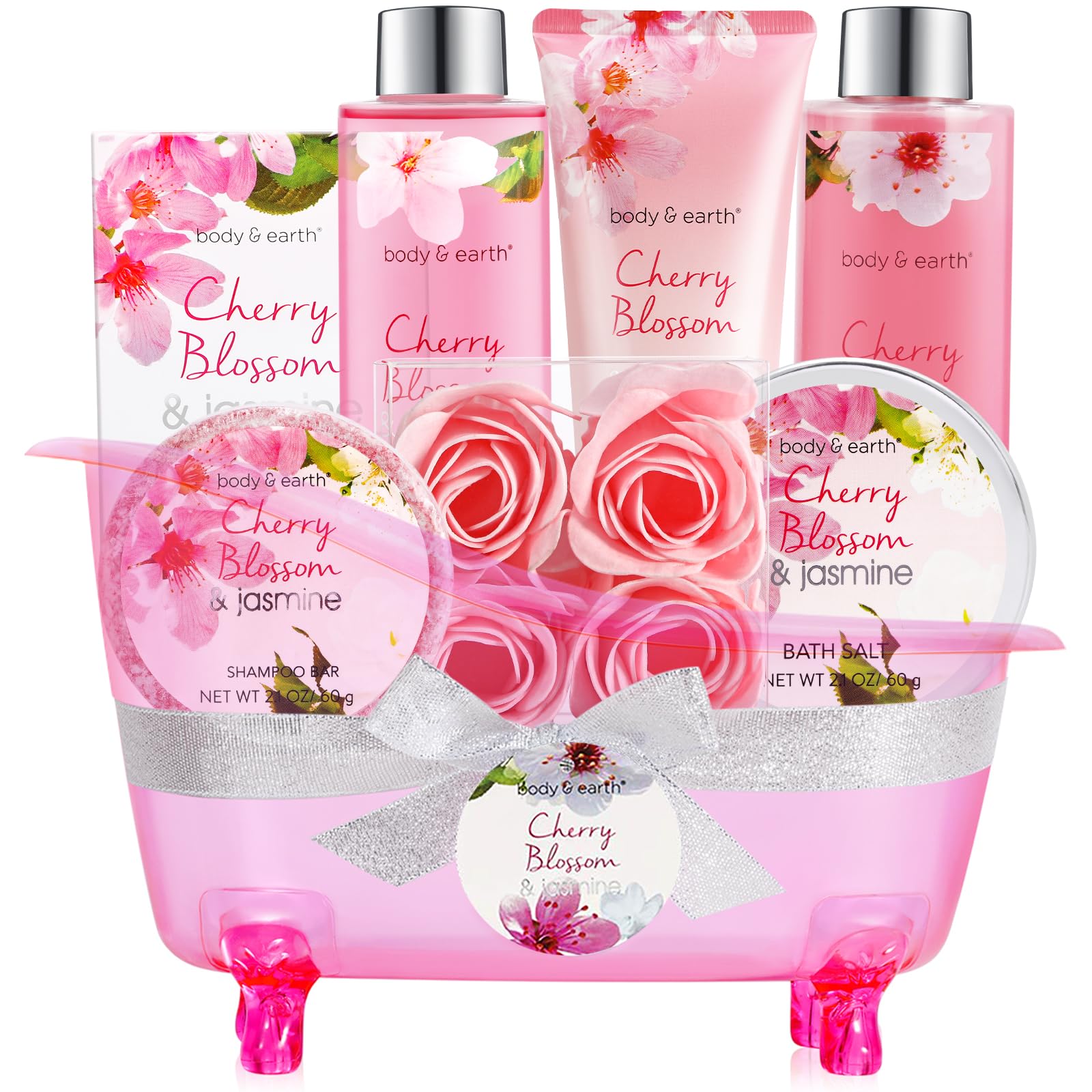 Body & Earth Spa Gifts for Women Self Care Kit - 8pcs Cherry Blossom & Jasmine Bath Sets for Women, Birthday, Mother's Day Gifts for Mother, Wife,