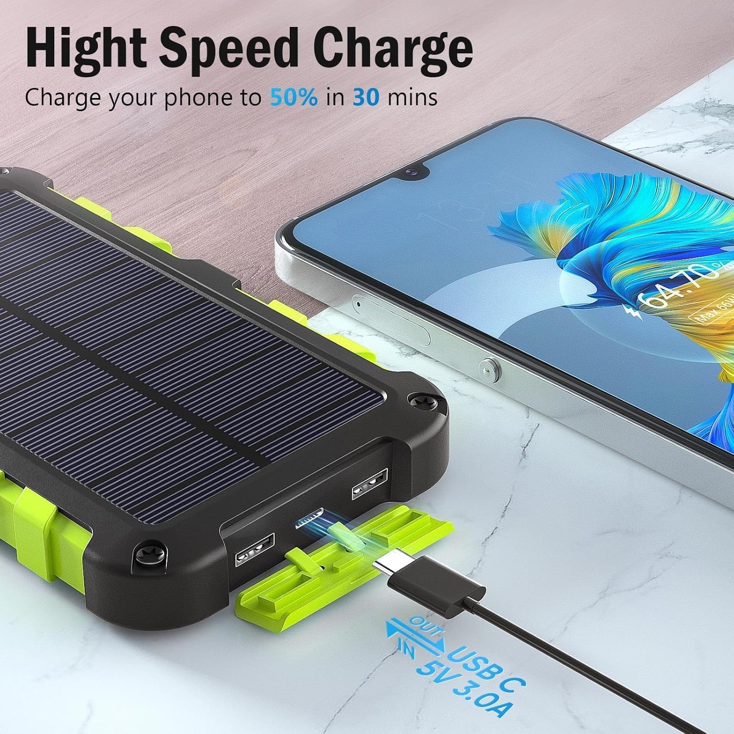 Batterie Externe Solaire 10000mAh PD 15W Chargeur Solaire avec 2 Ports USB et Une Entrée USB-C Charge Rapide Solar Power Bank Imperméable Compatible avec Téléphone Tablette Camping, Vert