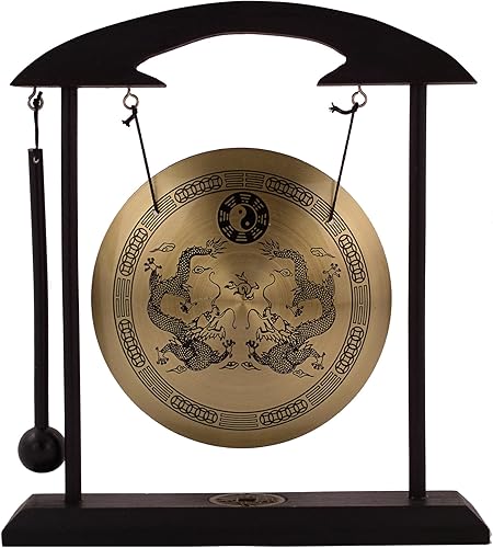 THY COLLECTIBLES Gong Bell de escritorio de Feng Shui de latón con soporte y pisón para decoración del hogar, dragones gemelos