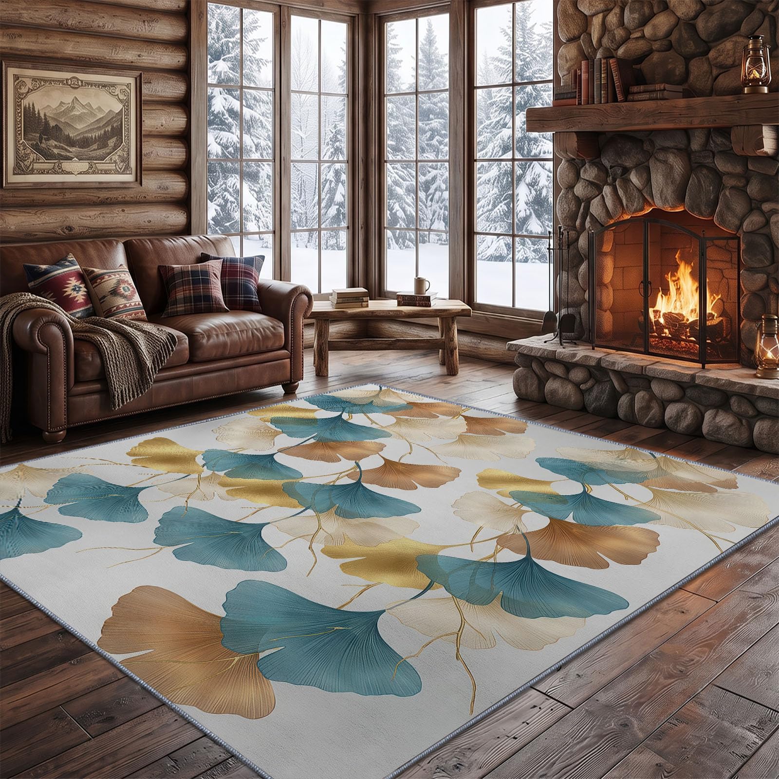 Lavure D'Encre Tapis de Salon Lavable en Machine 80 x 150 cm, Tapise antidérapant, Tapis de Chambre Style Illustration Végétale Feuilles De Ginkgo pour Le Salon, la Chambre et la Cuisine, Blanc
