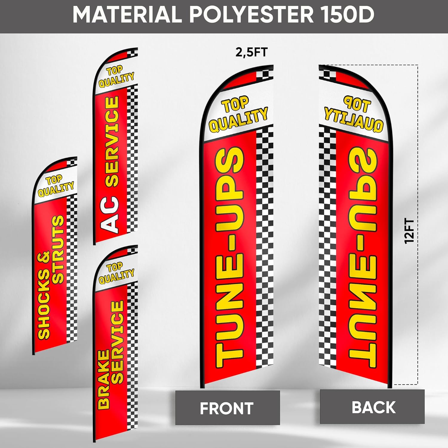 Auto Repair Shop Feather Flag - Flags Automotive Brake Service, Shocks & Struts, Tune-UPS, AC Service Swooper Flag for Auto Services Supplies Set of 4-12ft x 2.5ft (Pole not included) - Image 2