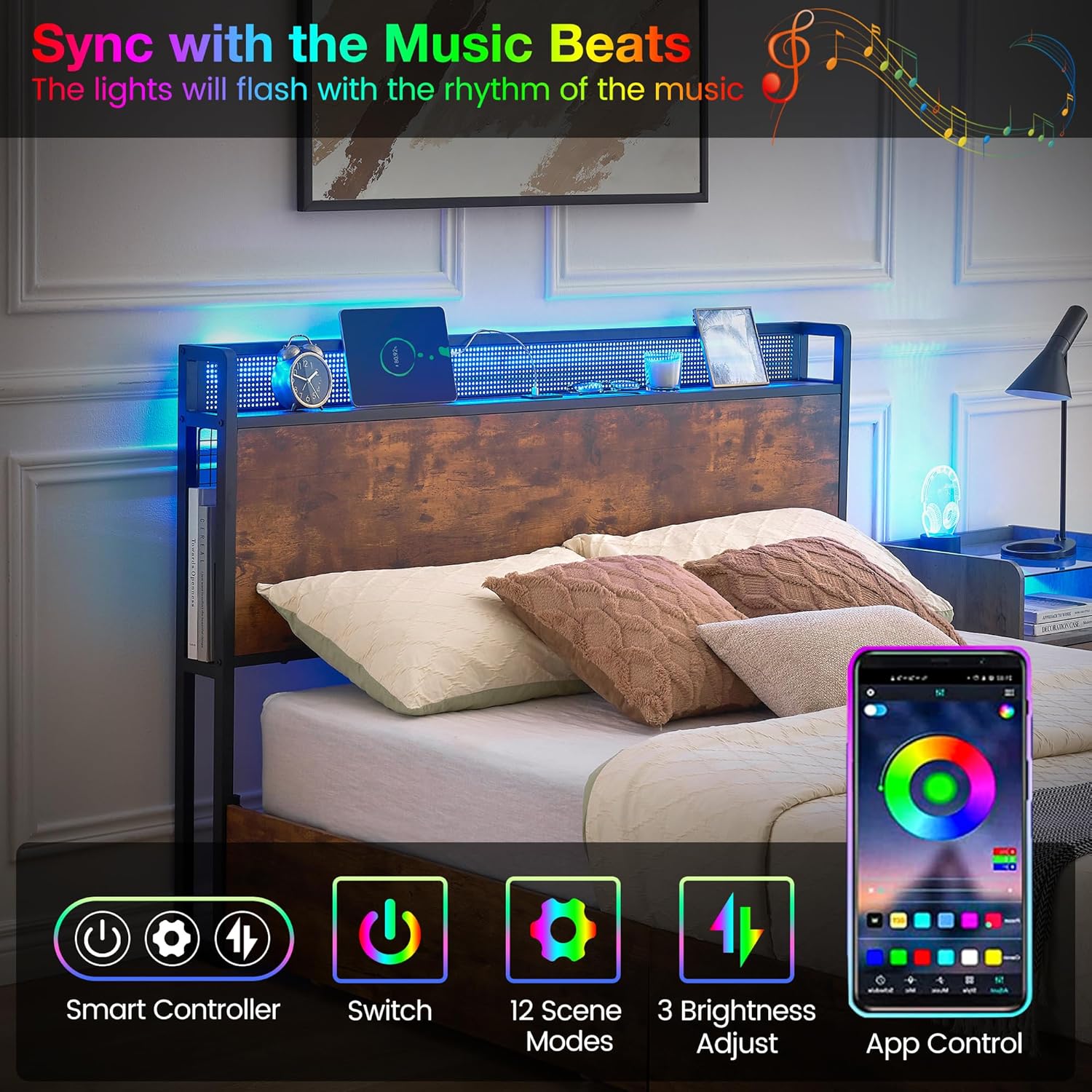 GAOMON Full Bed Frame with LED lights syncing to music, showing remote and app control options