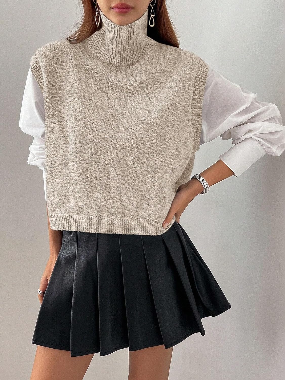 Women Turtleneck Crop Sweater Vest Sleeveless High Neck Solid Loose Fit Knitted Causal Jumper Top Streetwear - Image 4