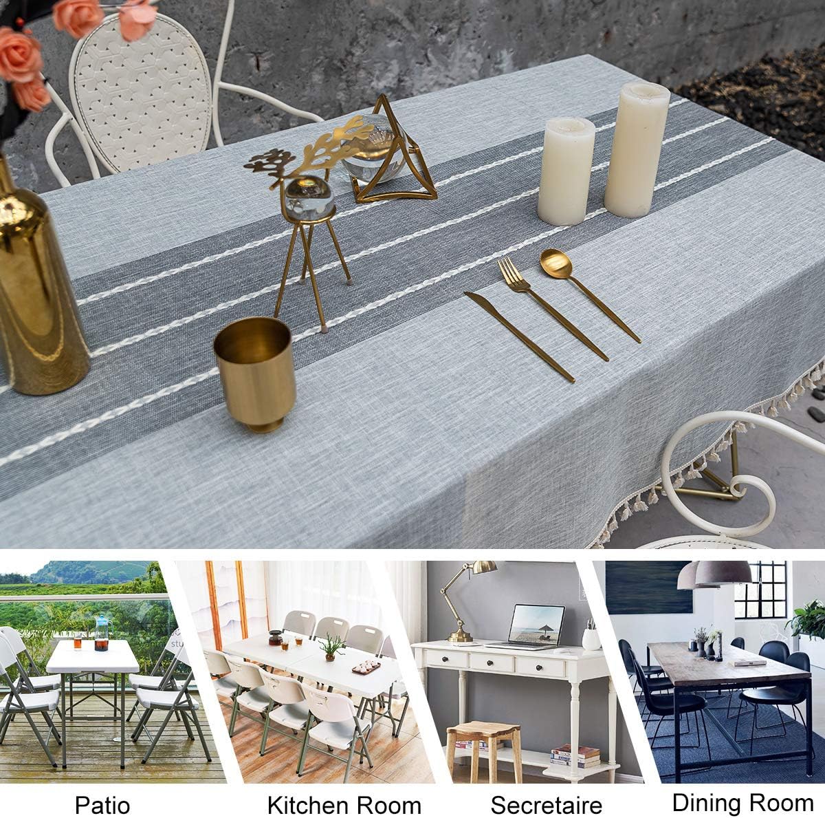 OstepDecor Stitching Tassel Tablecloth, Cotton Linen Table Cloths Rectangle, Table Cover for Kitchen Dinning Room Party, Rectangle/Oblong, 55 x 70 Inch, 4-6 Seats, Gray