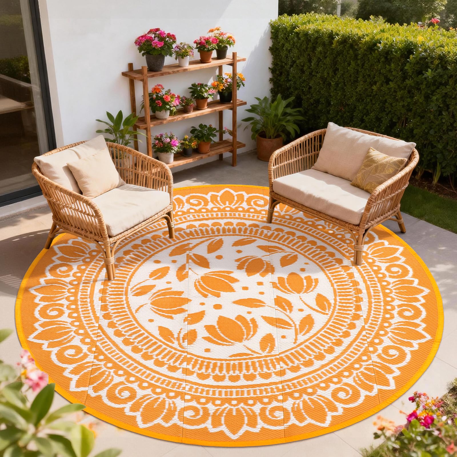 GEANUP Round Outdoor Rug 180cm, Boho Waterproof Circle Garden Rugs, UV Resistant, Reversible Outside Plastic Straw Patio Mat Carpet for Balcony Deck Backyard Poolside RV Beach BBQ Orange Floral