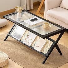 Bamboo Farmhouse Coffee Table,with Storage Clear Coffee Table,Rectangular Tea Table Accent Furniture,Sturdy and Easy Assembly,for Living Room,Bedroom,OfficeBlack