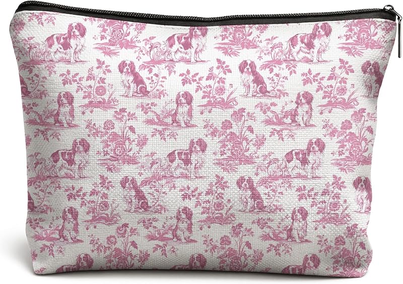 Necessaire de maquiagem DOFQZ com estampa de Cavalier King Charles Spaniel, rosa e branca, com zíper